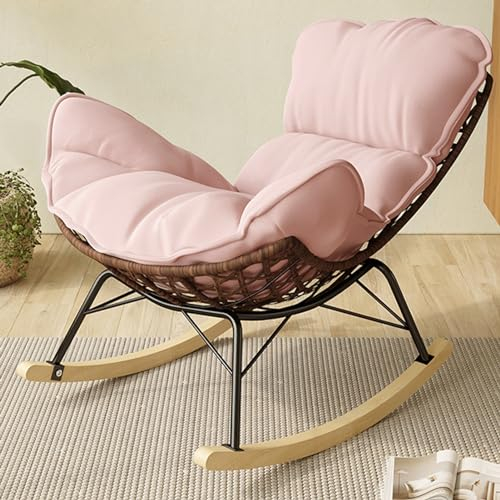 Rattan-Schaukelstuhl für drinnen, mit Gepolsterter Sitzfläche Schaukelstuhl, Schaukelsessel Lounge, Relaxsessel Mit Liegefunktion Lesesessel Chair, für drinnen und draußen, Veranda, Hinterhof(Pink)