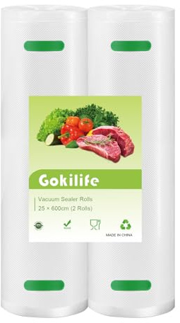Gokilife Vakuumbeutel Rollen – 2 Rollen 25 x 600 cm Sous-Vide-Beutel, BPA-frei, langlebig, kommerzielle Größe, Lebensmittelbeutel für Lebensmittelaufbewahrung und Sous-Vide-Kochen