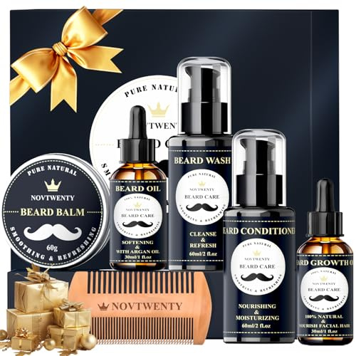 NOVTWENTY Beard Growth Kit - 7 Pcs Beard Care Kit for Men, Includes Beard Wash, Beard Oil&Growth Oil, Beard Conditioner, Beard Balm, Beard Comb, Gift Box Set for Boyfriend Husband Fathers