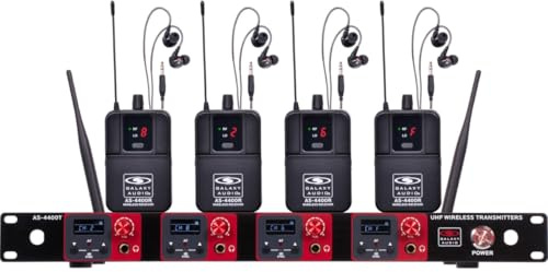 Galaxy Audio AS-4400 Quad UHF Wireless in-Ear Monitoring System - M3 (506MHz-534MHz) | Rackmount Quad Transmitter, 16 Selectable Channels, 4 Bodypack Receivers, and 4 Earbud Sets for Professional