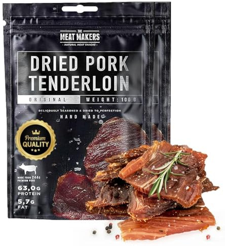 The Meat Makers Dried Pork Tenderloin, Pork Jerky Steak 200g, De Filet De Porc Séché, Viande Séchée Riche En Protéines, Viande Séchée Pour Les Humains. Excellente alternative à la collation Beef Jerky