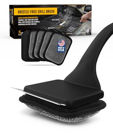 MEKER Grill Brush Bristle Free, Grill Cleaner Brush with 5 BBQ Replacement Head for Cast Iron, Stainless Steel Grates, Safe Grill Scraper Outdoor BBQ Grill, Black