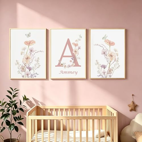 Youihom 3 Babyzimmer Bilder mit Namen Poster Kinderzimmer Mädchen Blumen Rose 30x40 Wandbilder Mädchen Zimmer Wandposter Personalisiert Baby Kinder Wandbild Leinwand ohne Rahmen