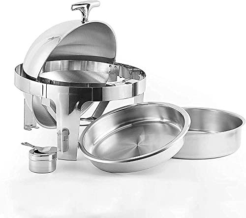 MXFKLJ Runder Chafing Dish aus Edelstahl mit Rolldeckel, 6,8 l großes Chafer- und Buffetwärmer-Set mit Lebensmittelpfanne, Wasserpfanne und Brennstoffhaltern für Hochzeiten und Partys
