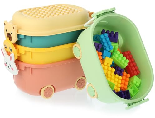 Wensdr 4 contenitori per giocattoli a forma di auto con coperchio, contenitori impilabili in plastica per organizzazione dei giocattoli (26.4x17.5x14.5 cm)