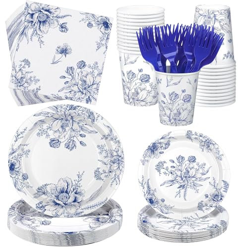 Kochorie 144 Pieces Blue and White Flower Print Party Tableware Sets Including Disposable Plates Napkins Cups Forks Serves 24 for Wedding Birthday Baby Shower Party Supplies