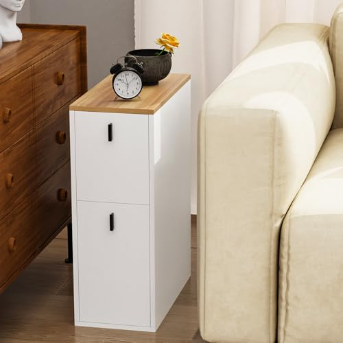Chleby Mesita de Noche Estrecha Mesitas de Noche 25 cm de Ancho Mesilla de Noche Dormitorio Mesita Auxiliar Alta 25x51x68cm Blanco-marrón