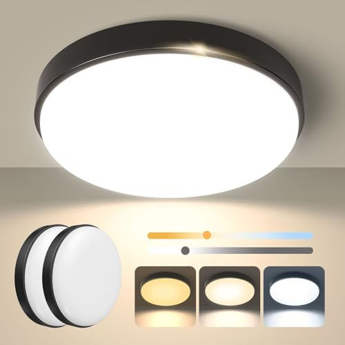 OOWOLF Metallisch Deckenlampe Led Lampe - 2 Pack 24W 23cm Dimmbar Flach Led Deckenleuchte 3000k/4000k/5000k Wohnzimmer Badezimmer Deckenlampe Küche für Flur Decke (Schwarz, 2 Pack)