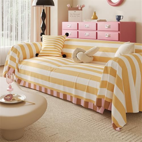 Highdi Sofaüberwurf Dopamin-Stil Farbige Streifen Sofabezug für 1 2 3 4 Sitzer Ecksofa Einteiliger Weich Universal Sofaschoner als Sofadecke, Couch Überwürf, Tagesdecke (180x230cm,Gelb)