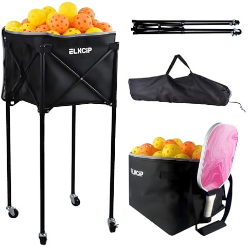ELKCIP Portable Pickleball & Tennis Ball Hopper with Wheels, Foldable Sports Balls Teaching Cart, Lightweight Softball Caddy, Large Capacity Baseball Basket Carrier for Training