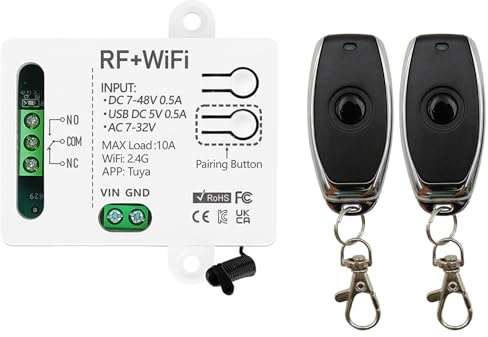 DieseRC Tuya Interruttore Intelligente Wi-Fi 1 canale Modulo Relè di Uscita Passivo DC 5V 12V 24V 36V, con 2x Telecomando RF, compatibile con Alexa/Google Home