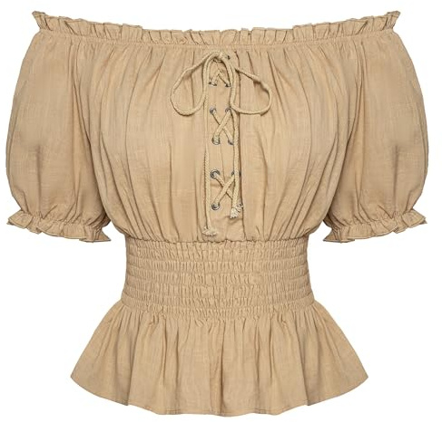 SCARLET DARKNESS Damen Renaissance Corsagenbluse Cottagecore Retro Kurze Puffärmel Rüschenbluse Khaki M