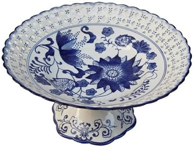 Cesta de Frutero Bandeja de té de pie alto de estilo chino, bandeja de frutas de porcelana blanca y azul pintada a mano, bandeja de cerámica de frutas secas de postre Retro, adornos Zen Cesta de Fruta