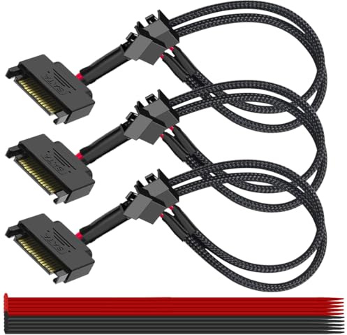 MKBKLLJY 3PCS 15-Pin SATA to 2 PC Fan Power Adapter Cable 10.6inch/27cm 15pin SATA to 2 x 3 pin / 4 Pin PC Case Cooling Fan Splitter Extension Power Cable Adapter Black Sleeved Braided with Cable Tie