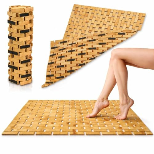 Bambus Badematte 80x50 cm - rutschfeste Oberfläche, 100% natürlicher Bambus, schnelltrocknend, antibakteriell - Ideale Matte für Bad, Sauna, Küche - Natürliches Holzmuster