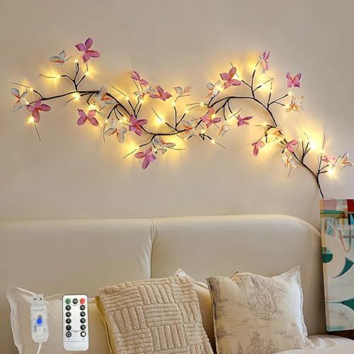 TETSMG Lichterkette Schmetterling Willow Vine, 1.6M 36 LED Frühlingsdeko Lichterkette Innen, Wand Deko Biegbare Zweige Mit LED, 8 Leuchtmodi, USB Künstliche Weidenzweige Lichterkette mit Timer (Bunt)