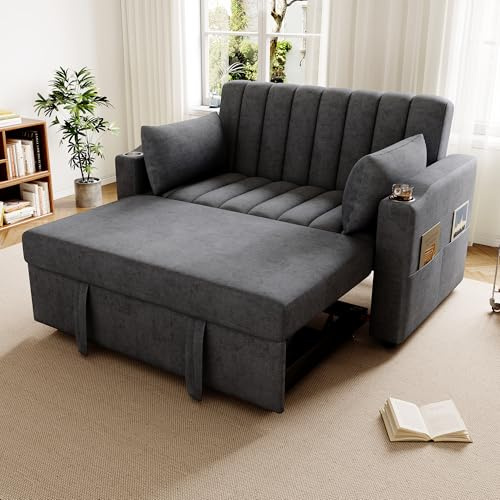 Dolamaní Doppelsofa Schlafsofa, Sofa mit Schlaffunktion, Multifunktionssofa-mit Verstellbarer Rückenlehne, Getränkehalter & Kissen für Wohnzimmer, Schlafzimmer, Wohnung (Grau)