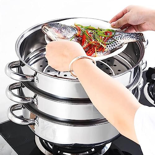 3-Tier Stainless Steel Steamer Multi-Cooker with Glass Lid for Gas, Electric, Induction Stoves - Large Capacity for Efficient Cooking