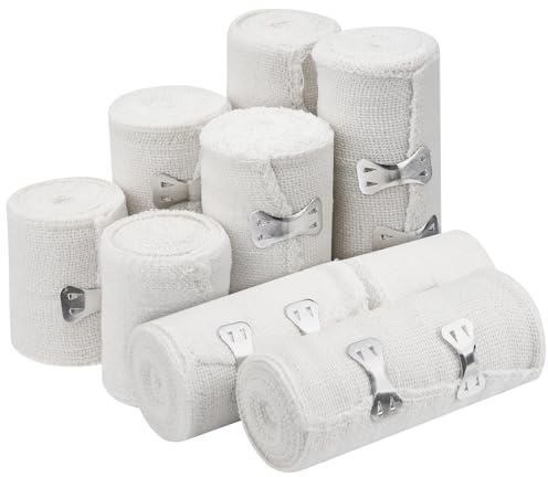 Teokantz 9 Stück Elastische Bandage, Weiße Kompressionsbinden Elastischer Verband mit Metallclips, Elastische Medizinische Fixierbinde für Handgelenke Knöchel Knie - 3 Größen