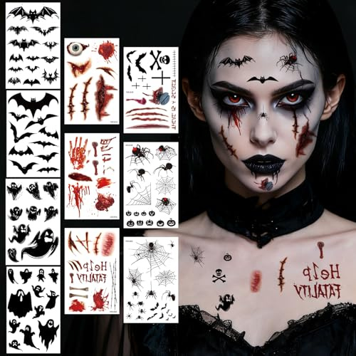 Halloween Tattoo, 10 Blatt Halloween Kostüm Damen Herren Accessoires,Fledermaus Spinnen Zombie Vampir Hexe Gruselig Gesichtstattoo，Horror Erwachsene Kinder Wunden Narben Gesicht Tattoo Aufkleber