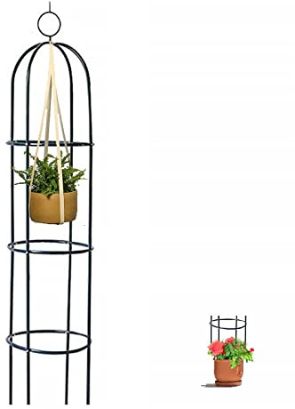 Obélisque de jardin en métal pour plantes grimpantes, support de rosier, pergola et treillage cage de croissance pour légumes, fleurs et fruits, noir, 32 cm de diamètre x 150 cm de hauteur