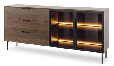 FURNLUX Lumi Sideboard, Dark Oak & Black, Chipboard & MDF with Antisol Glass, 181 x 39 x 83 cm, 2 Glass Doors and 3 Drawers, Modern