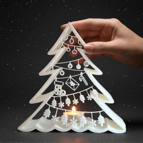 Weiß Weihnachtsbaum Kerzenhalter LED 14cm | Tannenbaum beleuchtet | Adventsdeko | Leuchtdeko | Skandinavische Weihnachtsdeko | Weihnachtliche Tischdeko | Premium 3D-Druck & handgefertigt in EU