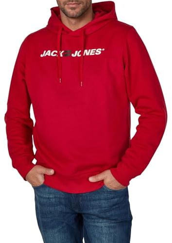 JACK & JONES JJMORTY Sudadera con Capucha para Hombre con Estampado Regular Fit Sudadera con Capucha Sudadera Verde Amarillo Gris Rojo S M L XL XXL 3XL, Chili Pepper (12303641), L