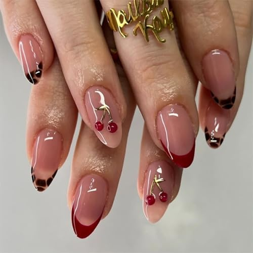 OuryTech Press On Nails, 24 Stück Nägel zum Aufkleben Mandel Form, 3D Cherry Design mit Goldzweig Rote French Tips Leopard Muster Künstliche Nägel für Frauen