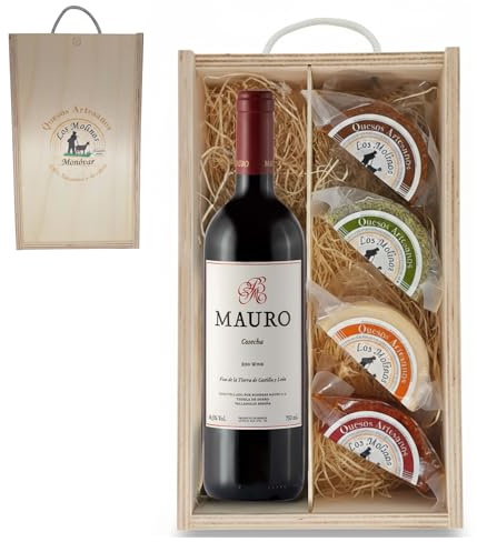 Estuche Gourmet 4 Quesos Artesanos de Leche Cabra con Botella Vino Tinto Mauro | Caja de Madera | Queso Semicurado, Romero, Pimentón y Curado | Regalo Gastronómico | Ganadería Propia