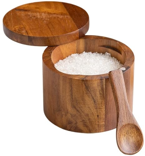 FACAIIO Salero de madera de acacia con tapa giratoria y ranura para cuchara, recipiente de especias de cocina para almacenamiento de condimentos, 7 x 9 cm
