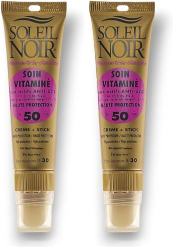 Soleil Noir - Combi 2-en-1, Crème Solaire SPF 50 Haute Protection UVA et UVB (20 ml) + 1 Stick à Lèvres SPF 30 (2 g) - Peaux Très Claires - Fabrication Française (Lot de 2)