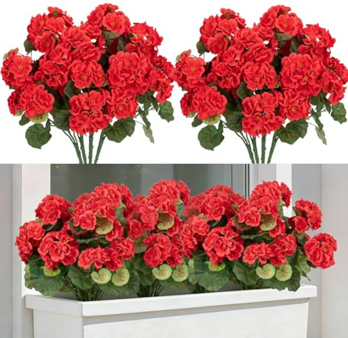Laelfe 8 Ramos Geranios Artificiales Exterior, Rojo | Flores Artificiales Decoracion Geranios para Exterior Interior Hogar Balcón Jardin Patio Maceta Colgante Decoración de Mesa