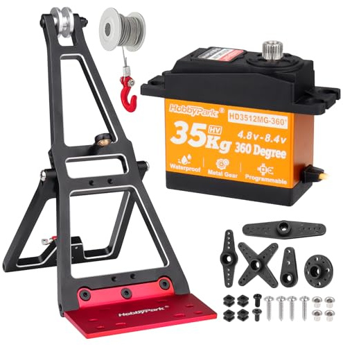 Hobbypark Kit de grúa de remolque y servo de cabrestante a control remoto impermeable 360 de 35 kg, juego de rescate de stent de aluminio para 1/10 SCX10 TRX4 RC Crawler y remolque RC piezas (con