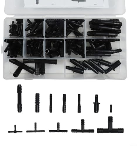 Lot de 128 raccords de tuyau de voiture en T pour système de refroidissement et conduite de carburant, assortiment de 128 pièces avec connecteurs droits, réducteurs et en T, noir, organisé dans un