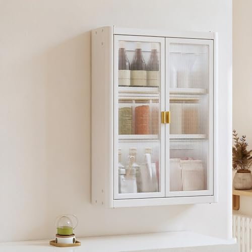 Wall Mounted Carbon Steel Bathroom Wall Cabinet, Fluted Glass Medicine Cabinet with Adjustable Shelf, Storage Cabinet for Kitchen Laundry Room(White,3-Layer 50 * 14 * 71cm/19.7 * 5.5 * 28in)