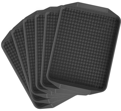 GATBO 6 Pack Serving Tray Set, Rectangular Tray with Grip Handles 43.3 x 30.3cm, Reusable Surface Serving Platters for Dinner and Drinks, Stackable Food Trays for Waiters Bar, Restaurant, Home (Black)