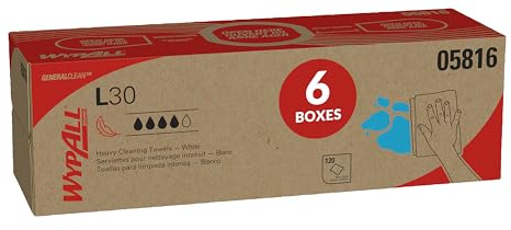 WypAll GeneralClean L30 Cloths Heavy Duty Cleaning Wipes (05816), Pop-Up Box, Strong and Soft Bulk Paper Wipers, White (6 Packs of 120 Sheets, 720 Sheet Total)