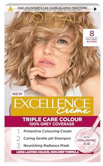 L'Oréal Excellence Créme 8 Natural Blonde: Hyaluronic Acid for 10x Nourished, 2x Shinier Hair & 100% Grey Coverage. Experience vibrant, radiant natural blonde with lasting colour and strength.