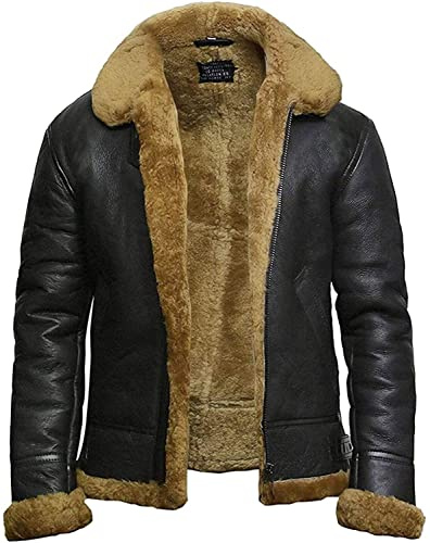 Brandslock Herren-Bomberjacke aus echtem Lammfell/Schafsleder, Pilotenjacke, B3-WWII-Fliegerjacke, Cockpit, dicke Wolle innen