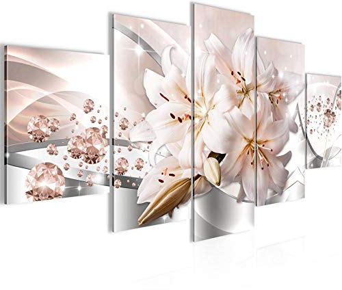 Runa Art Wandbilder Blumen Lilien 5 Teilig Bild auf Vlies Leinwand Deko Wohnzimmer Diamant Beige Grau 021852a