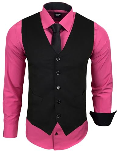 Subliminal Mode - Gilet + Chemise + Cravate Homme Col Bicolore Uni Manches Longues Coupe Ajusté Business Repassage Facile RN33
