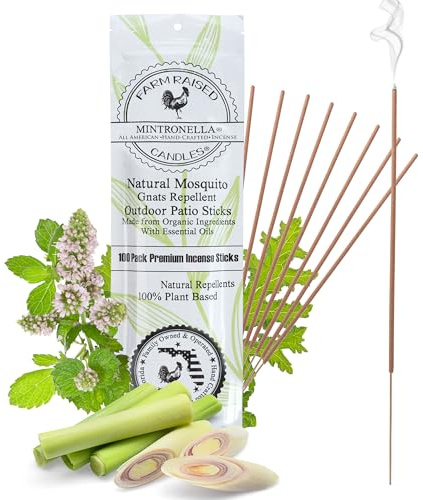 Farm Raised Candles Mintronella Citronella & Peppermint Mosquito Repellent Incense Sticks – 100 Pack – USA‑Made Natural Bug & Insect Repellent – Outdoor Camping, Patio Decor – No‑See‑Um & Gnats, Fly