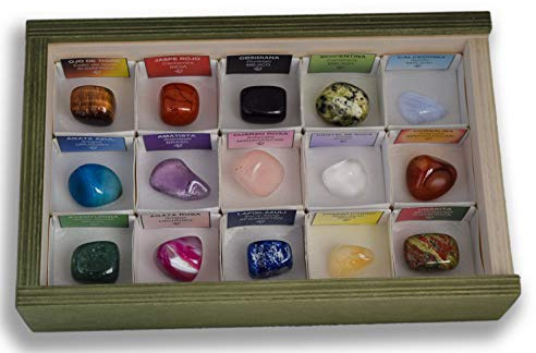 Colección de 15 Gemas de Piedras Semipreciosas en Caja de Madera Natural - Minerales rodados y pulidos con Etiqueta informativa a Color. Pack de rodados para Reiki, meditación, coleccionismo.