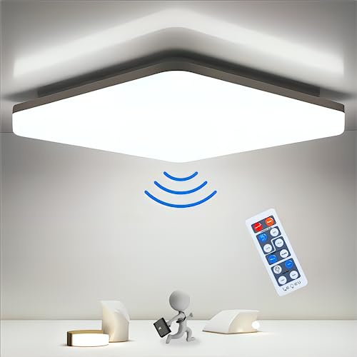 LEOEU LED Deckenleuchte mit Radar Bewegungsmelder, 24W Deckenlampe mit Fernbedienung, 4000K Lampe mit Bewegungsmelder innen, IP54 Sensorlampe für Bad Flur Balkon Garage Keller Treppen, 28x4.8cm
