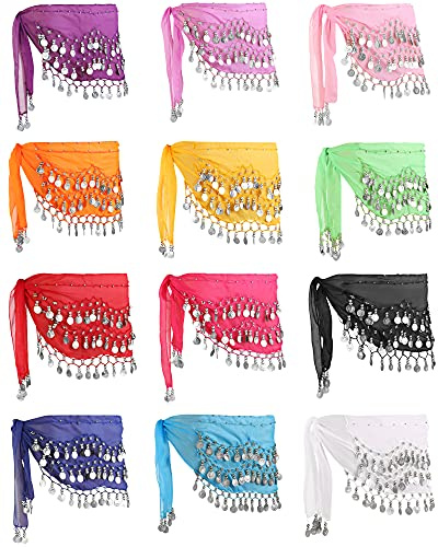 Zhanmai 12 Pieces Belly Dance Skirt Hip Skirt 12 Colors Waist Chain Dance Hip Scarf Belt with Dangling Coins (Silver Coins,Bright Style)