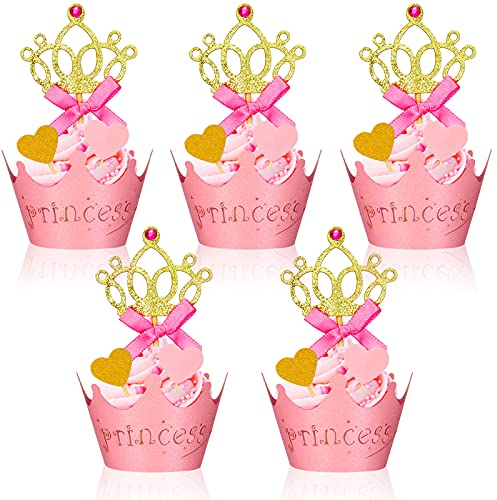 72 Pieces Glittery Princess Cupcake Toppers Crown Cupcake Wrapper Holder Pink Gold Crown Tiara Cupcake Pick Glitter Heart Cupcake Topper Baby Shower Cupcake Decoration for Birthday Wedding Party Decor