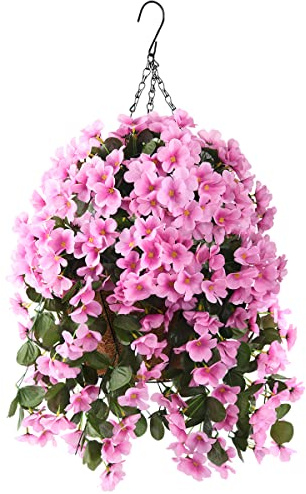 INQCMY Artificial Hanging Flowers in Basket for Patio Garden Decor,Artificial Plant with Coconut Lining Hanging Baskets,Begonia Flower for The Decoration of Outdoors and Indoors(Pink)