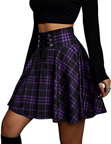 KOJOOIN Damen Rock Kariert Mini-Faltenrock Gothic Kleid Hohe Taille Cosplay Kleid A-Linie zum Schnüren(Verpackung MEHRWEG)
