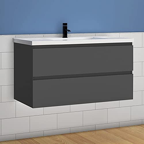 Aica Sanitär Waschtisch mit Unterschrank 100 cm Badmöbel Set Waschbecken mit Unterschrank Anthrazit Matt Softclose